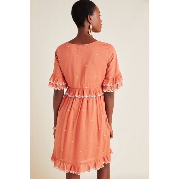New Anthropologie Samia Ruffled Embroidered Tunic Mini Dress $170 SIZE 6 Rose - Picture 3 of 3